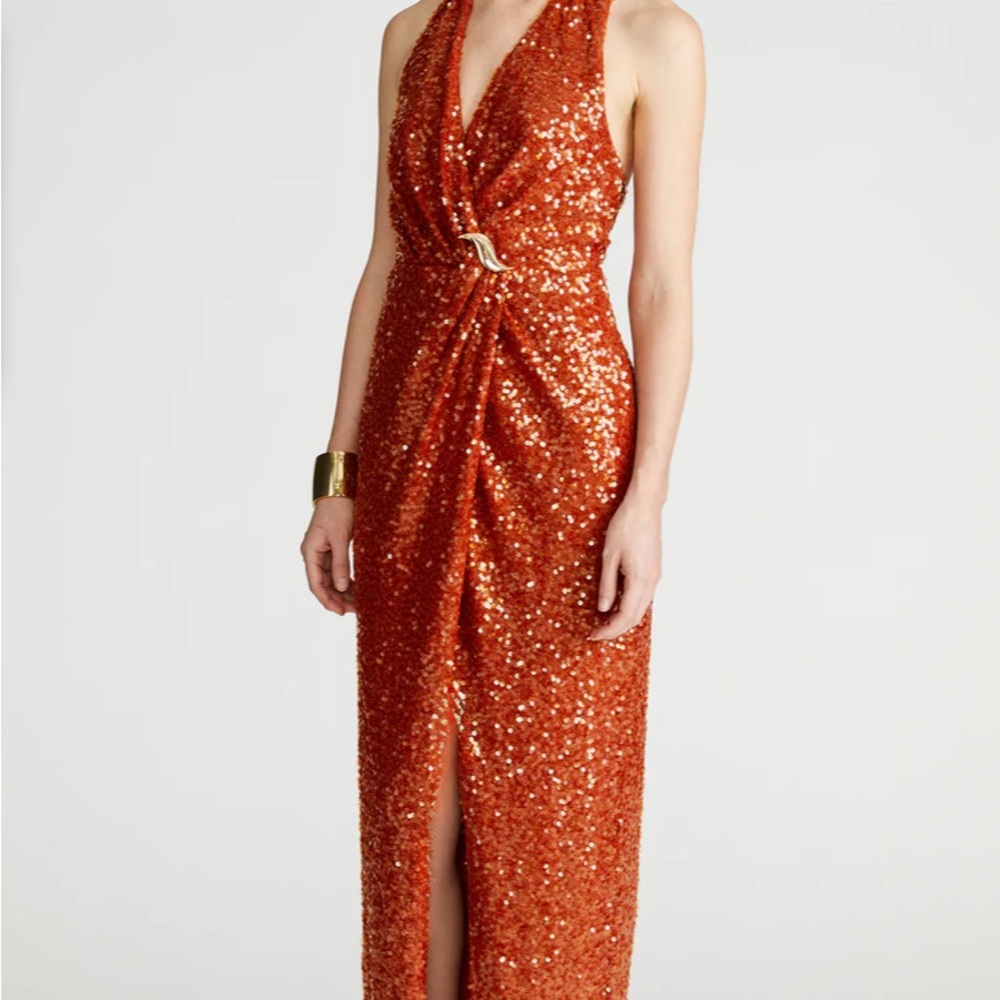 Halston Svetlana Elegant Burnt Orange Sequin Gown
